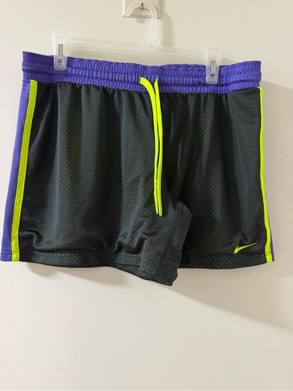 Nike Black Athletic Shorts with Purple Waistband and Neon Yellow Drawstring